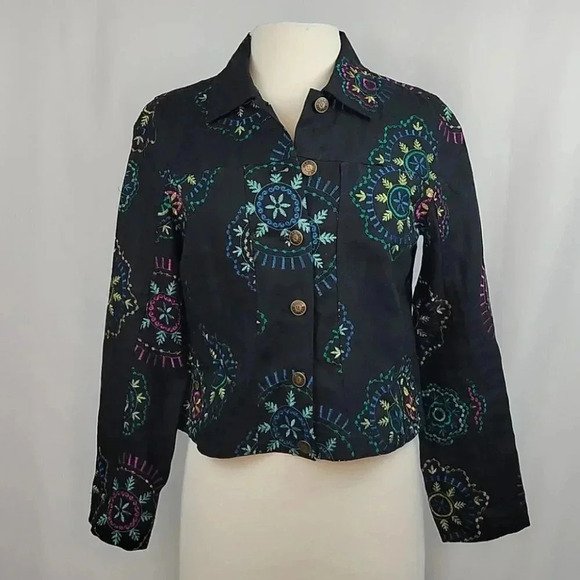 Carole Little Petite Embroidered Linen Jacket Black Size PM - Picture 3 of 13